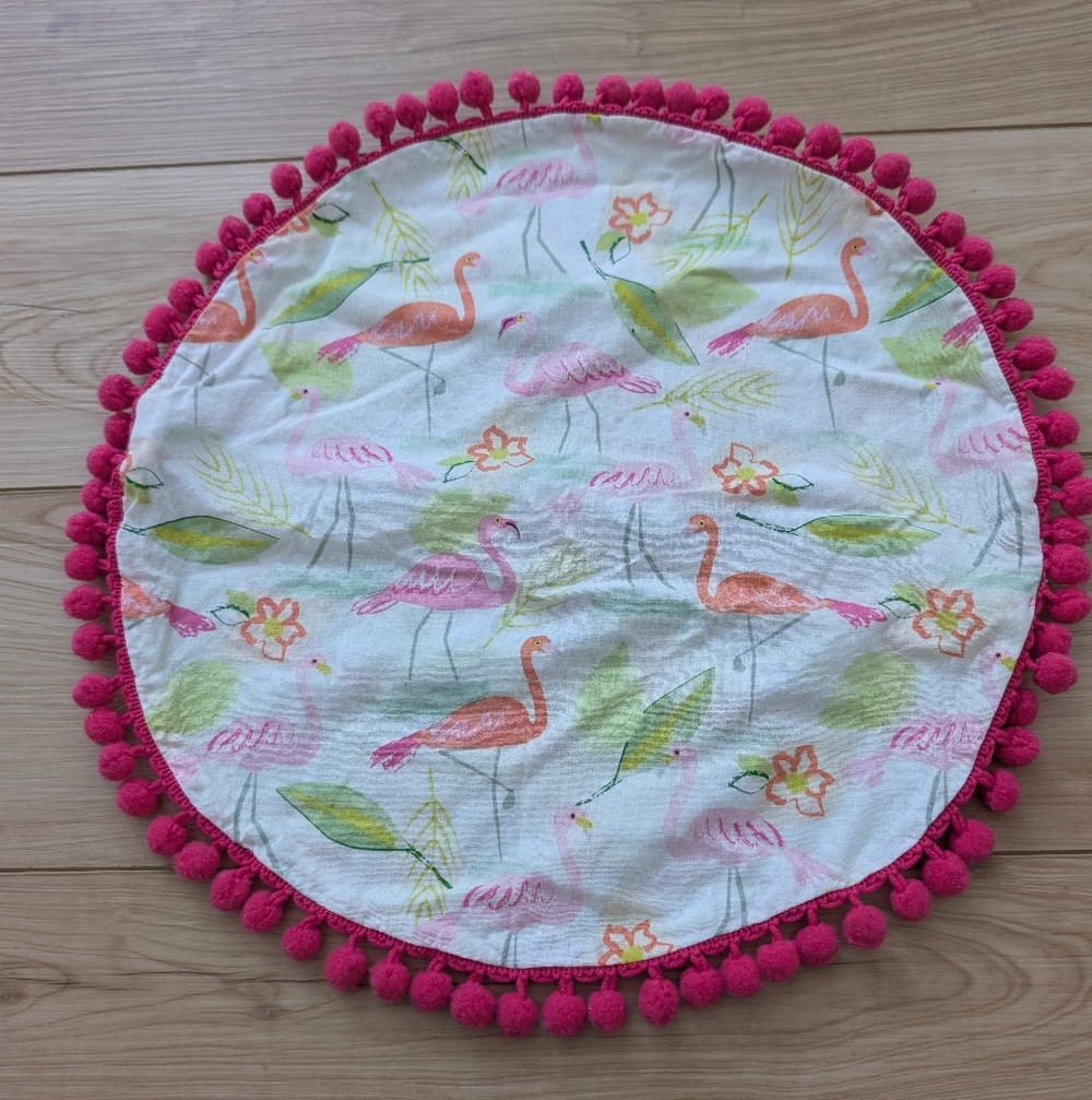 Round Flamingo Throw Pillow Cover With Pink Pom-Poms